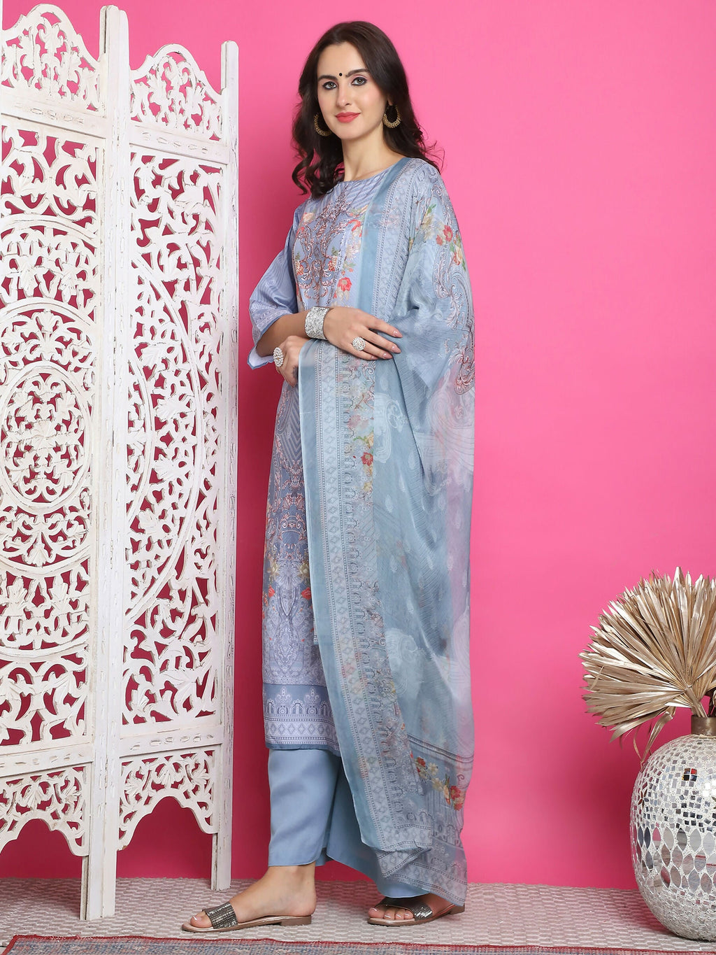 Women's Grey Satin Floral Digital Print Kurta Set with Crystal Work
