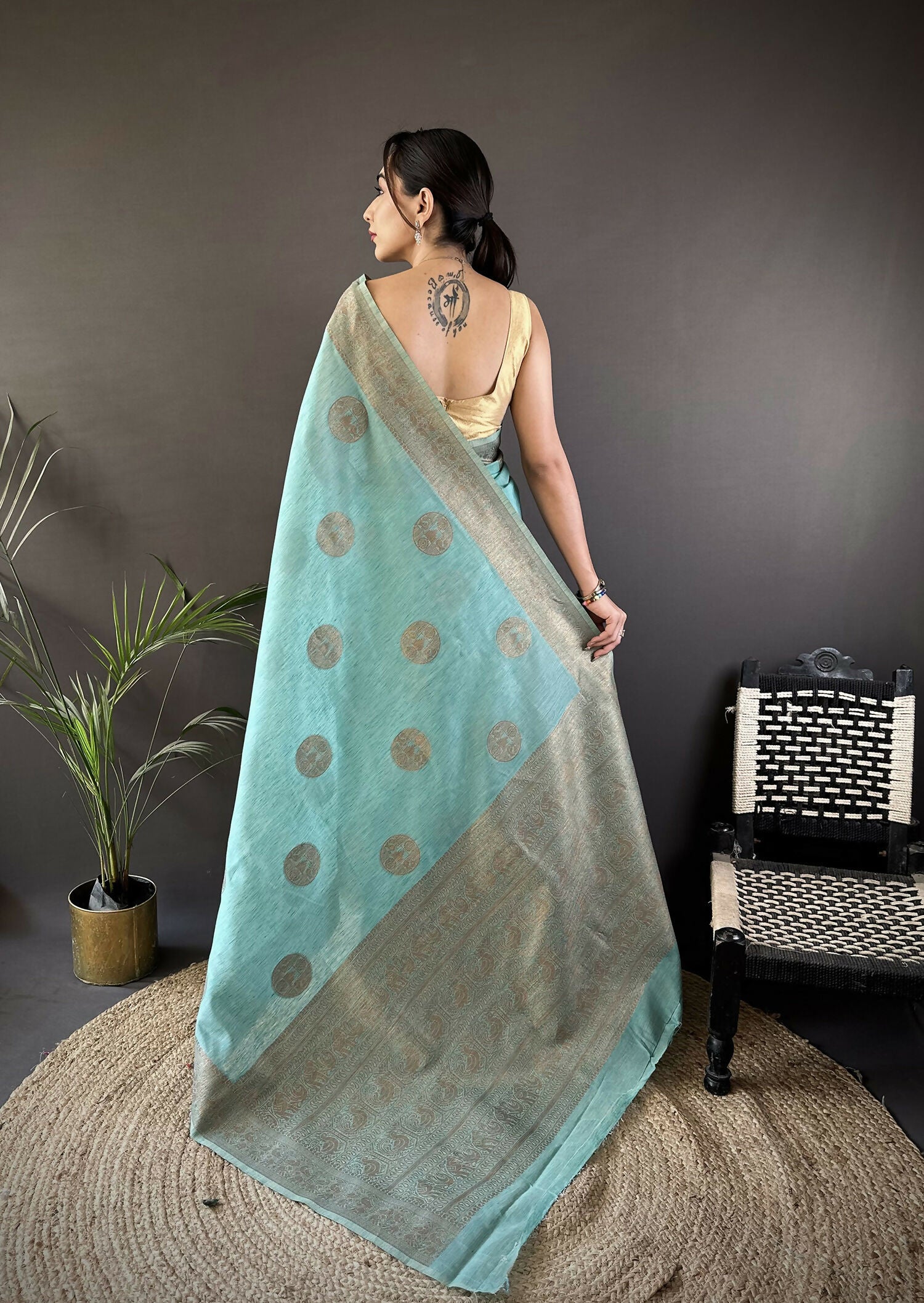 Sky Blue Floral & Paisley Linen Silk Banarasi Saree