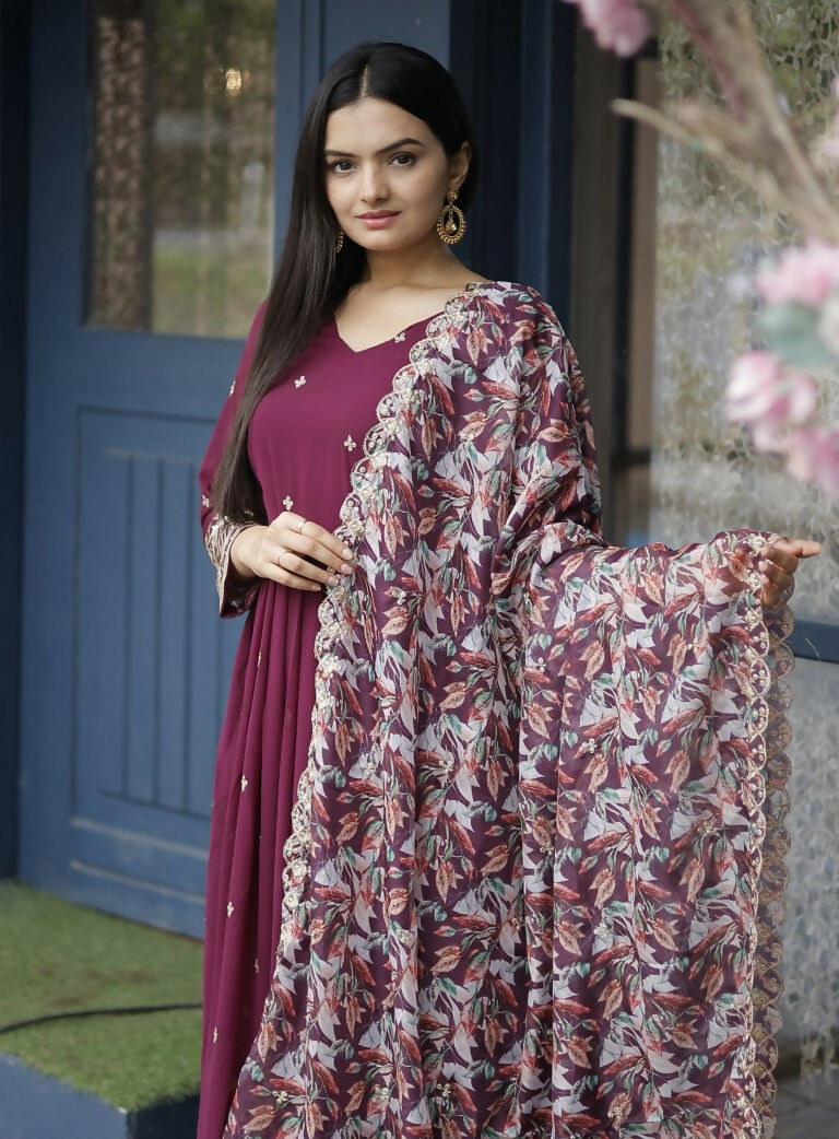 Wine Faux Blooming Anarkali Dress with Zari & Sequins