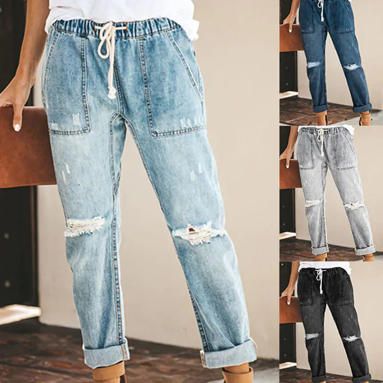 Women's Straight Leg Ripped Jeans with Drawstring Waist - Image 12