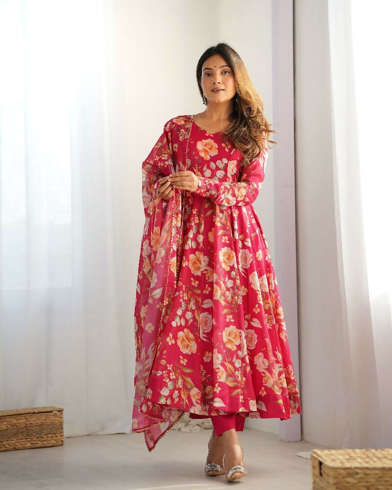 Pink Organza Kurta Set with Sequin Embroidery and Cotton Bottoms