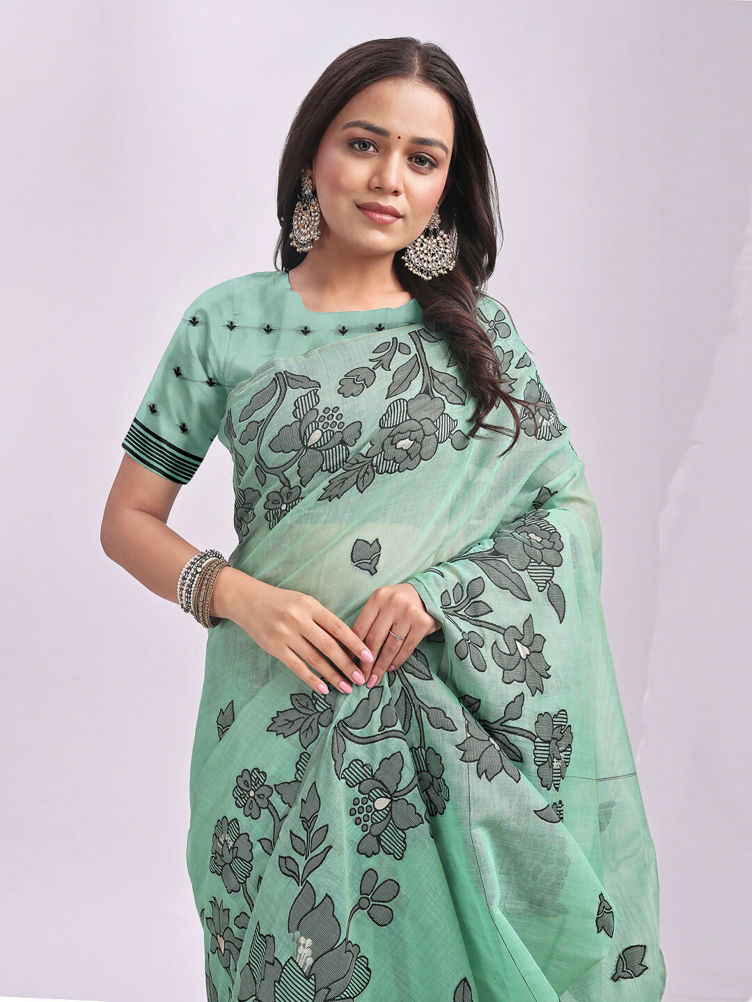 Rama Green Linen Cotton Saree with Matching Blouse