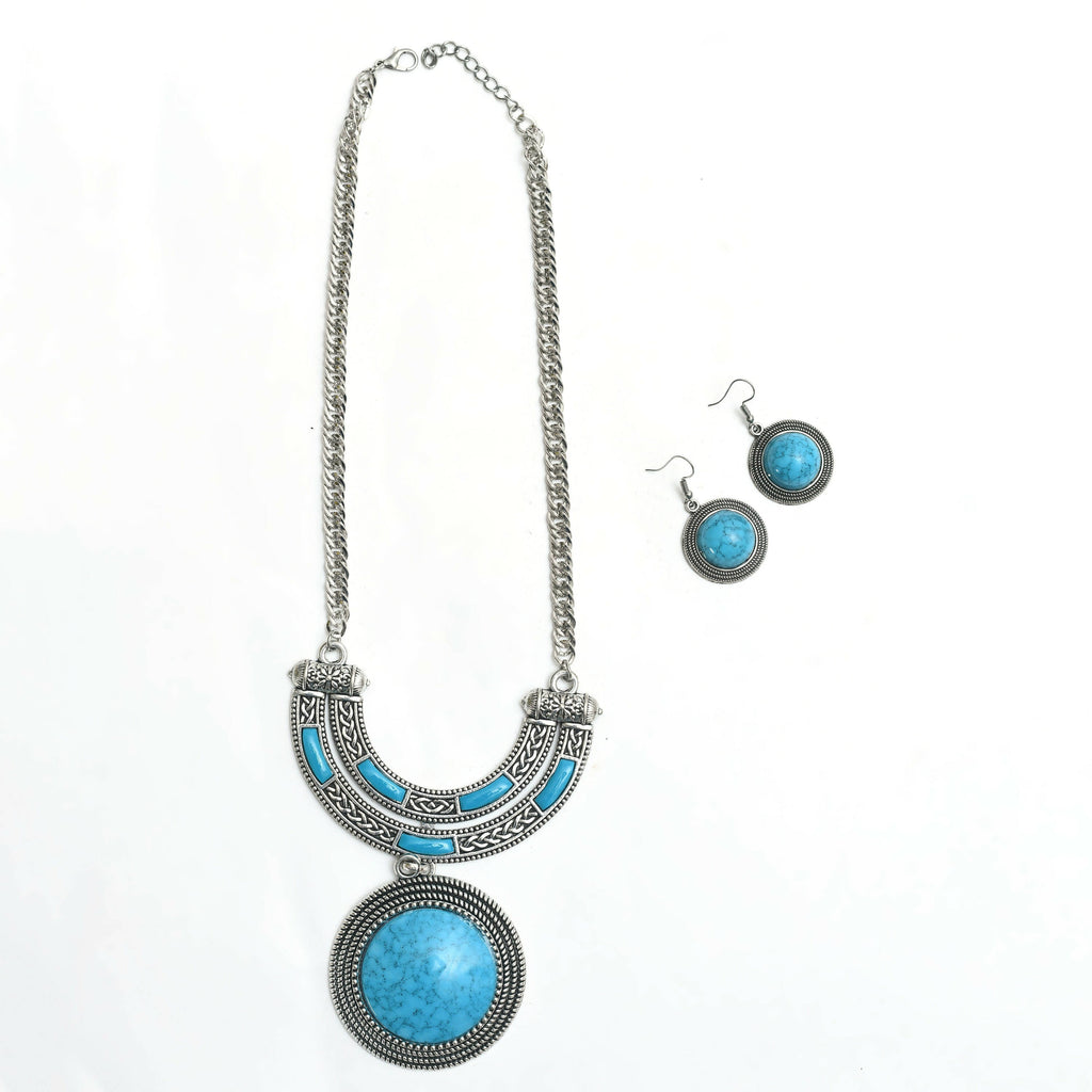 Oxidised Silver-Plated Sky Blue Stone Work Long Necklace