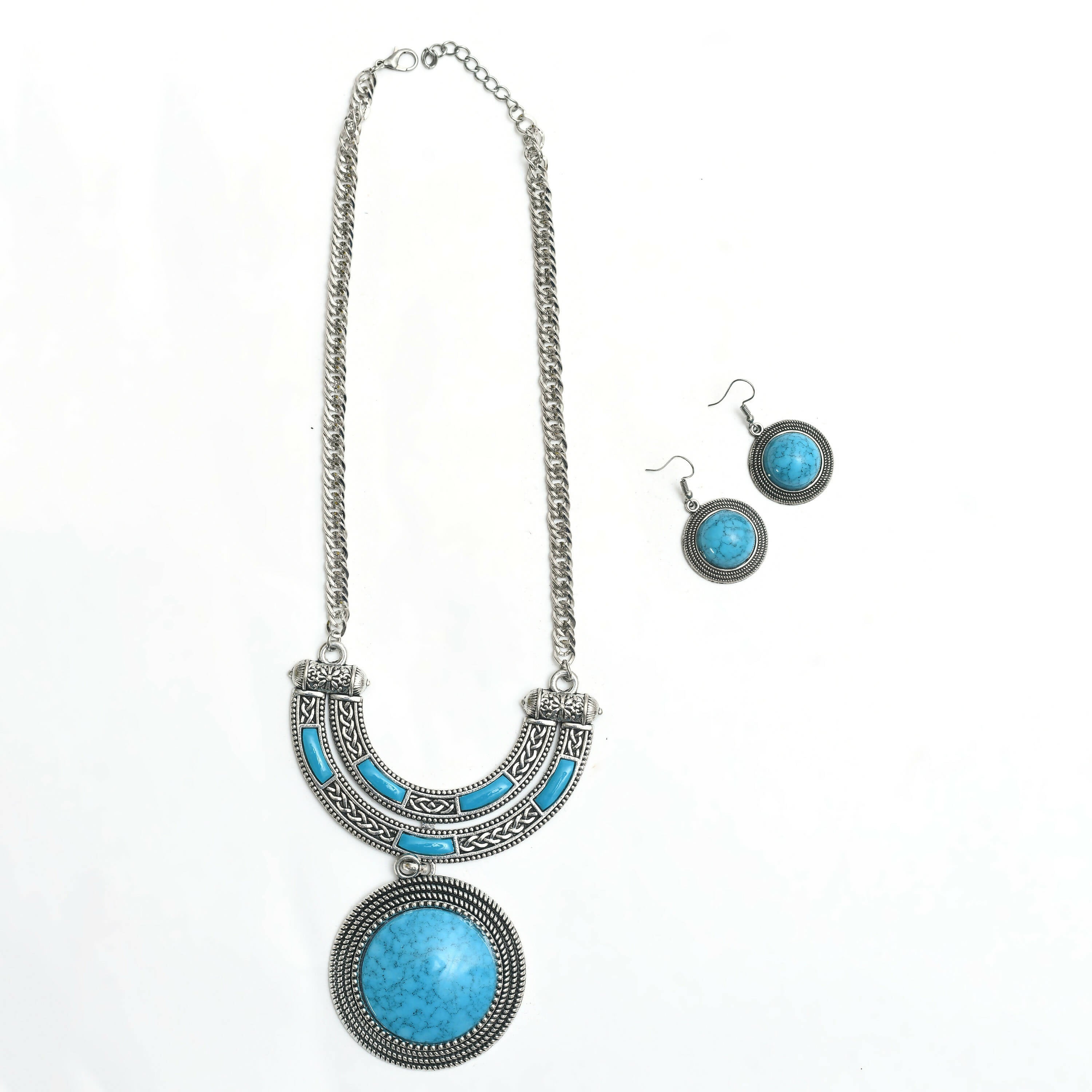 Oxidised Silver-Plated Sky Blue Stone Work Long Necklace