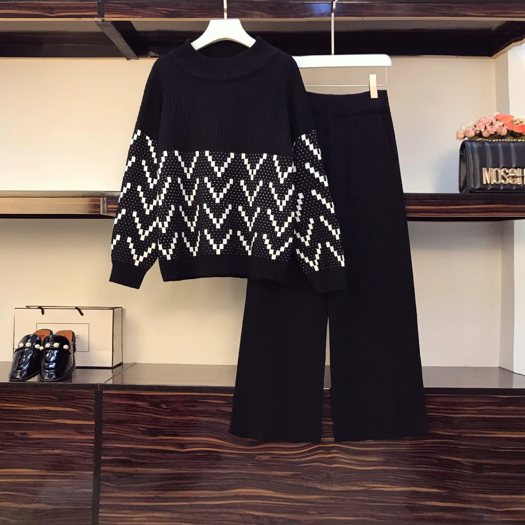 Women's Black Geometric Pattern Knit Two-Piece Sweater Set - Image 4