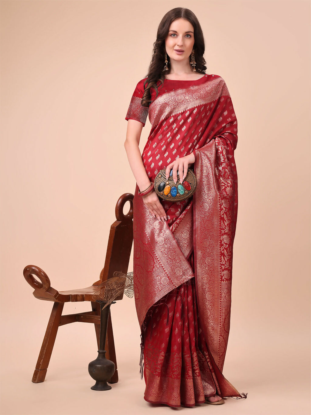 Red Lichi Silk Saree with Matching Blouse Piece