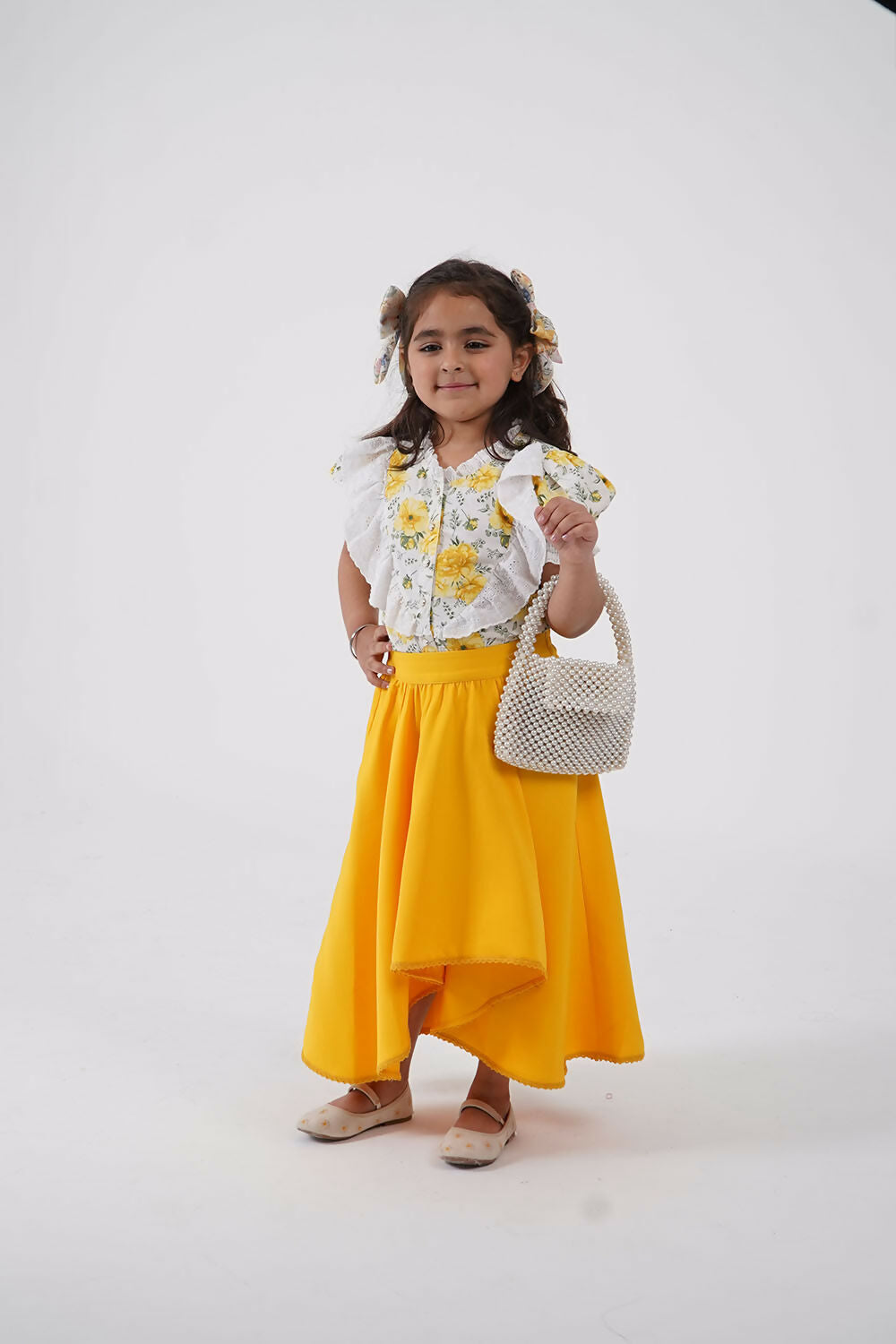 Girls Floral Puff Sleeve Top and High-Low Flared Skirt Set