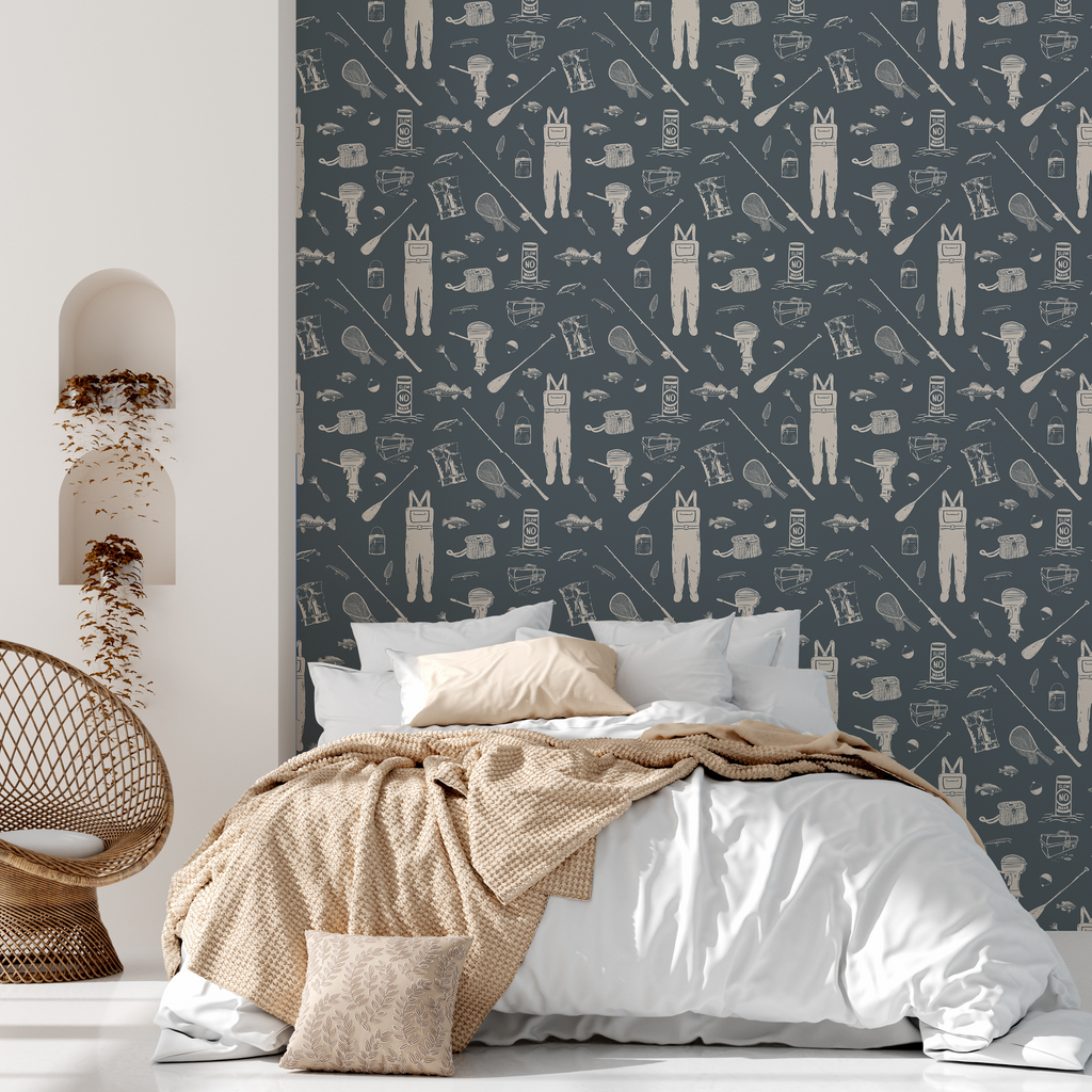 Moby nautical patterned wallpaper in navy, olive-green, and terracotta tones.