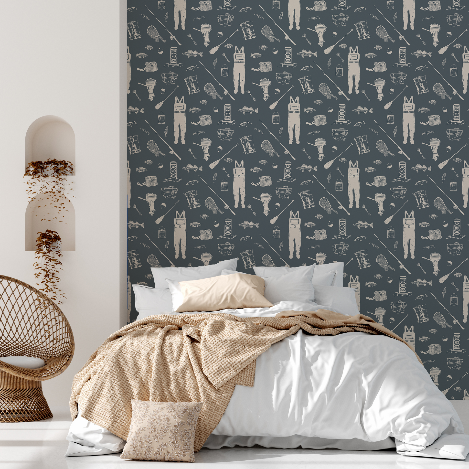 Moby nautical patterned wallpaper in navy, olive-green, and terracotta tones.