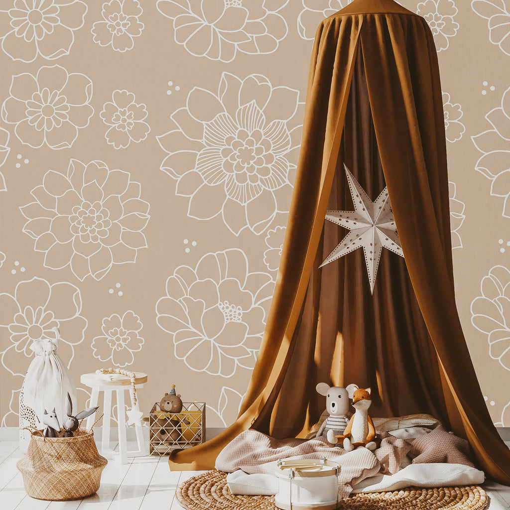 Ellis Floral Wallpaper in Beige and White Minimalist Boho