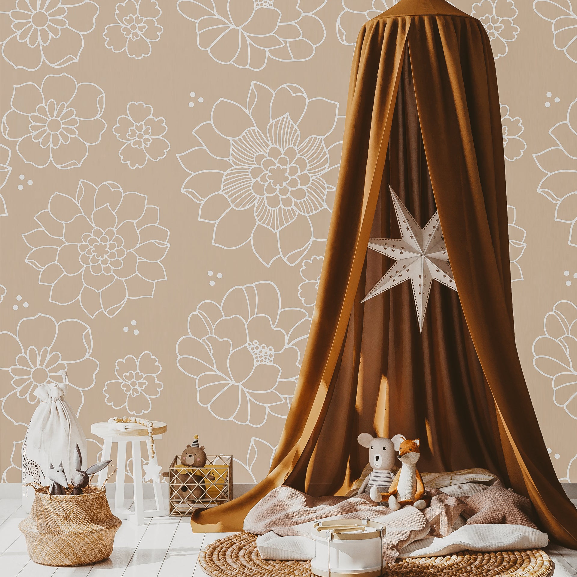 Ellis Floral Wallpaper in Beige and White Minimalist Boho