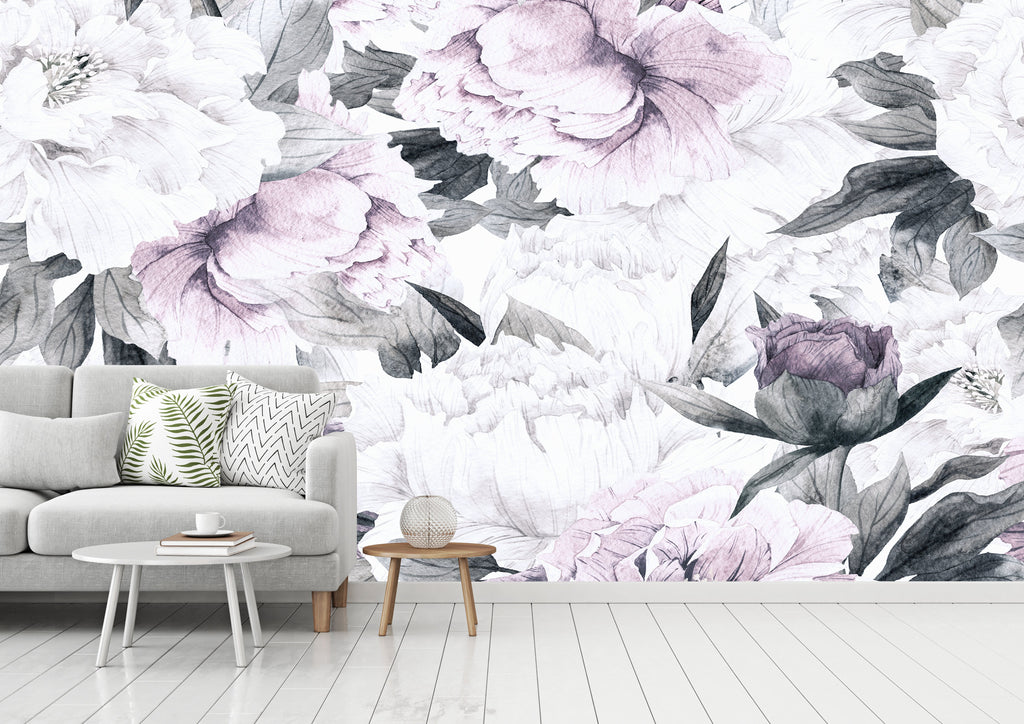 Lauren Floral Removable Wallpaper in White, Lavender & Grey