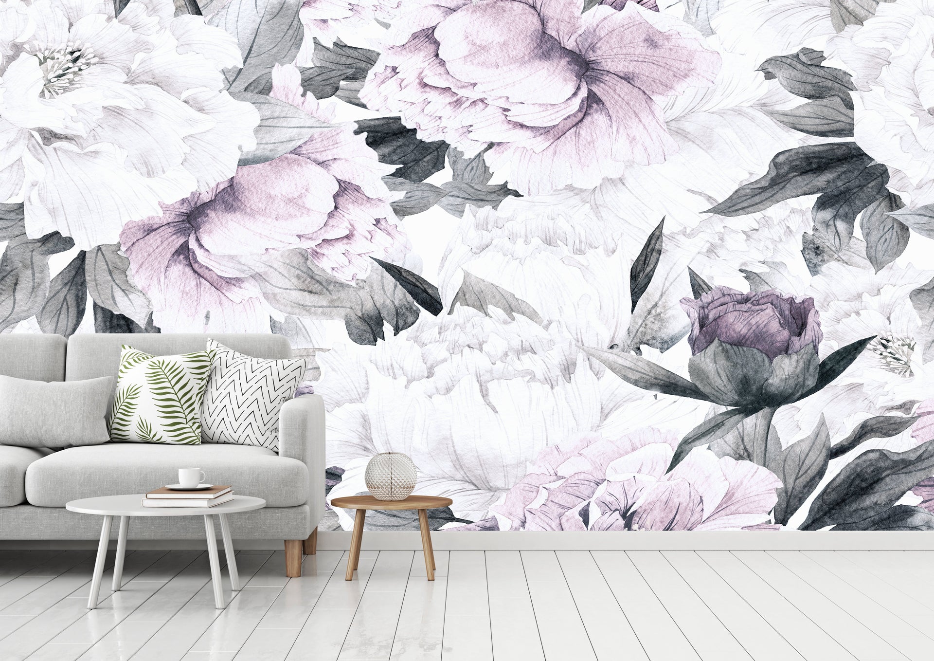 Lauren Floral Removable Wallpaper in White, Lavender & Grey