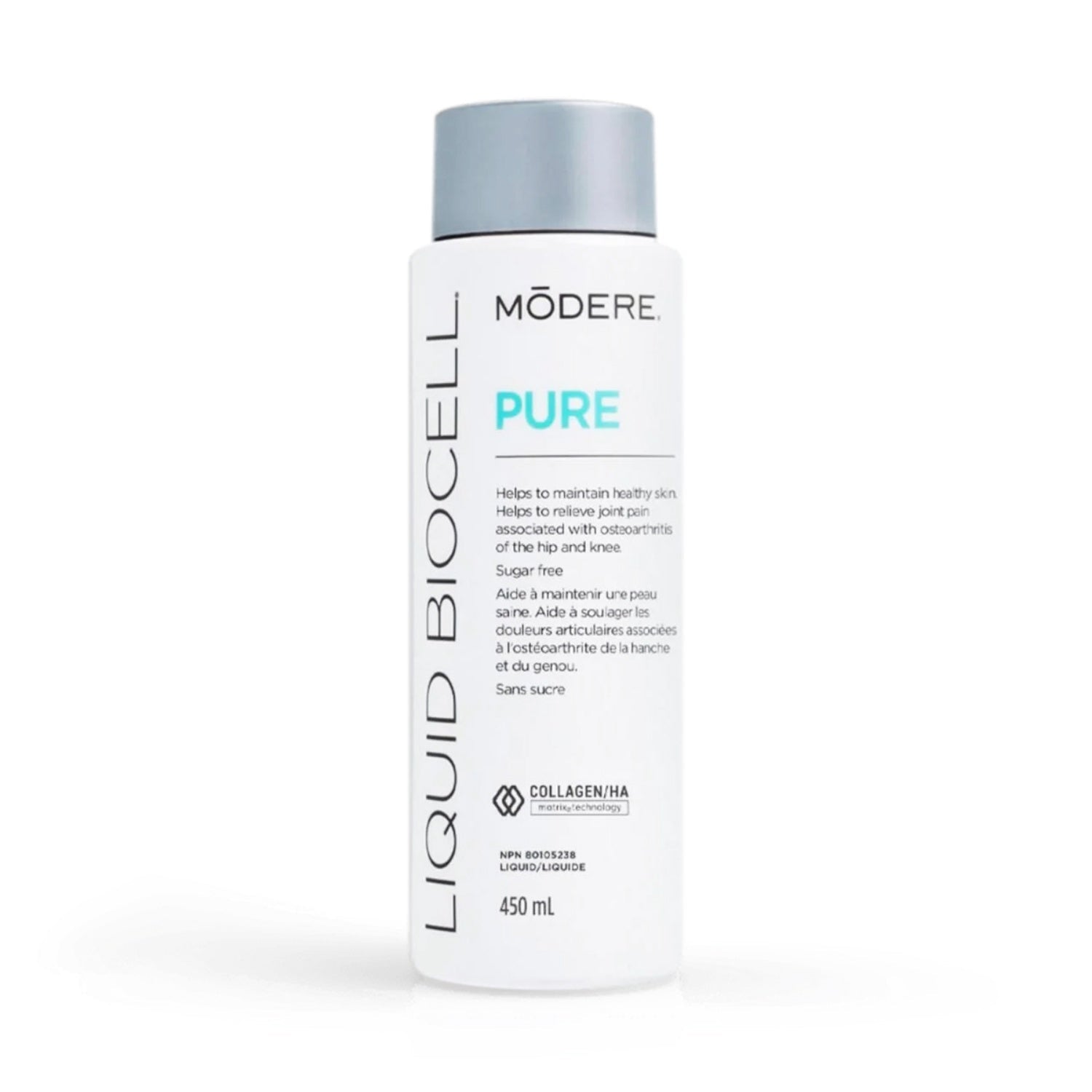 Bottle of Modere Liquid BioCell Pure 450 mL featuring white, silver, and blue minimalist packaging.
