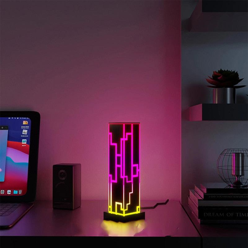 Multicolor modern cube LED lamp glowing in an office setting.