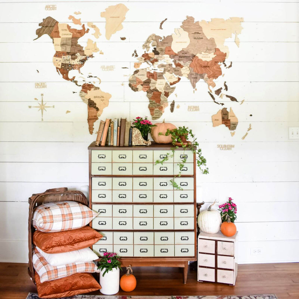 Farmhouse Fall Wooden World Map Modern Rustic Wall Art