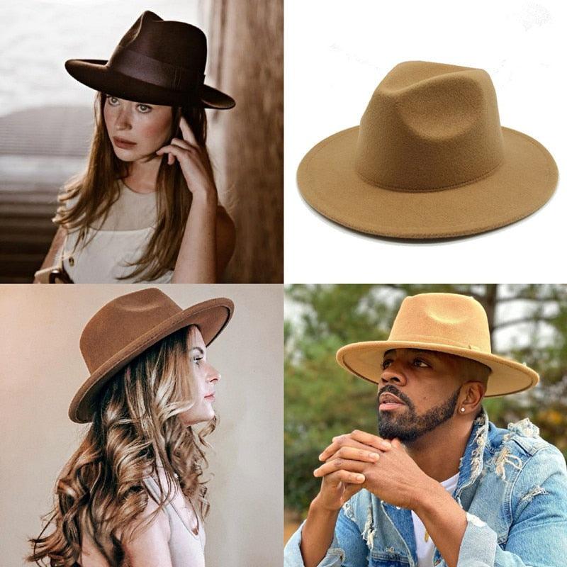 Retro wide brim felt fedora with buckle belt detail in tan