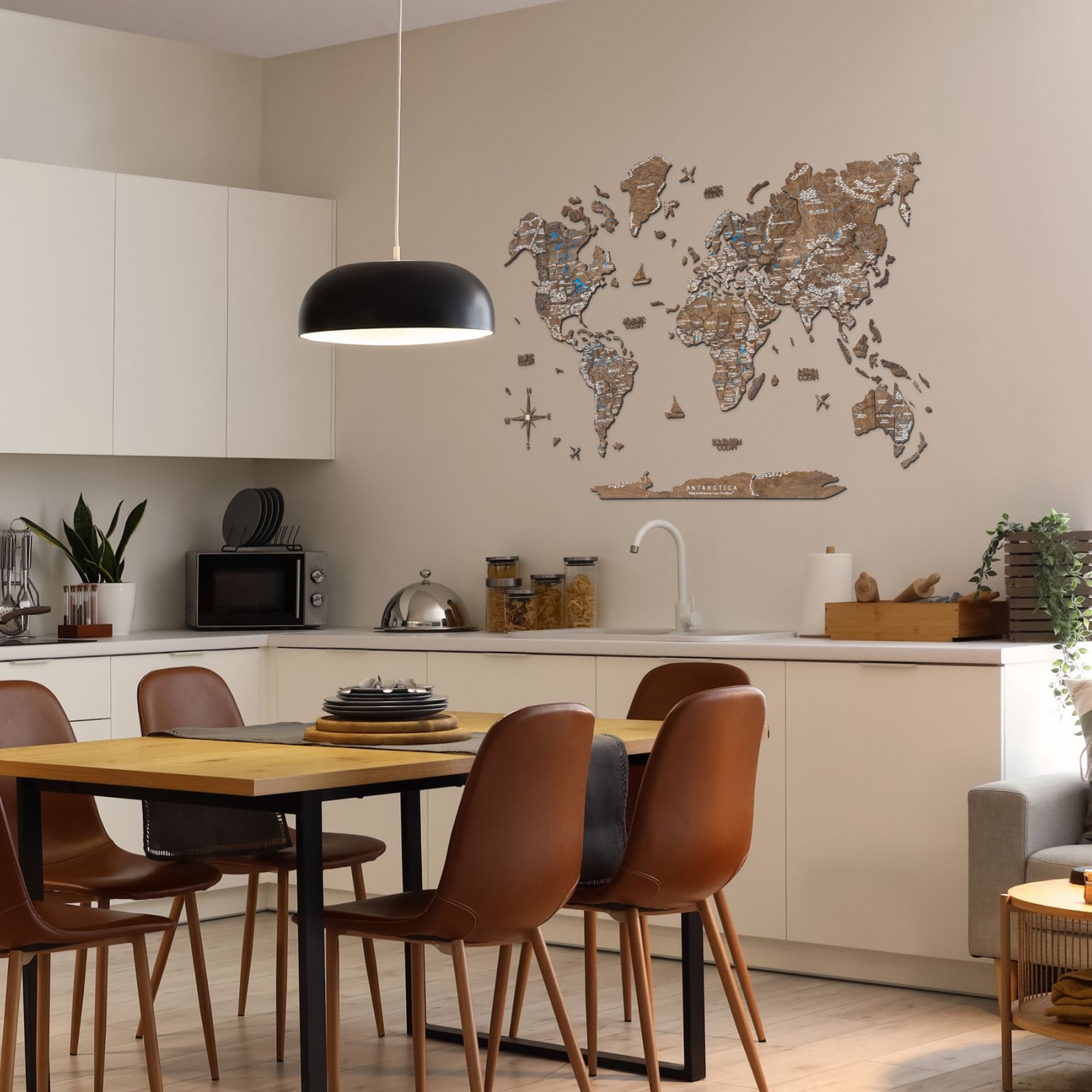 Modern sustainable wooden wall decor installed in a brightly lit kitchen eat-in area