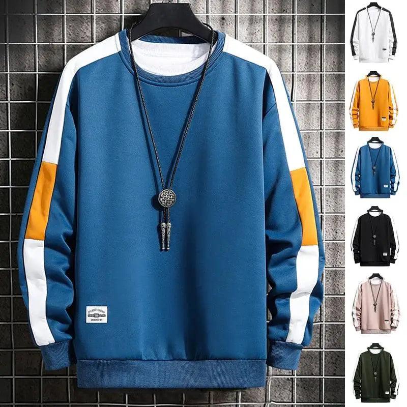 Men wearing a long sleeve modern patchwork crewneck sweatshirt in a casual streetwear style
