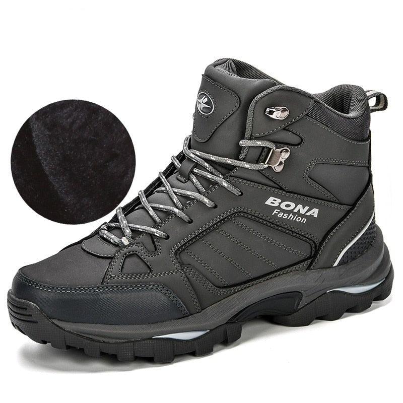 Men's leather winter boots with fur lining and anti-skid rubber sole in grey and black