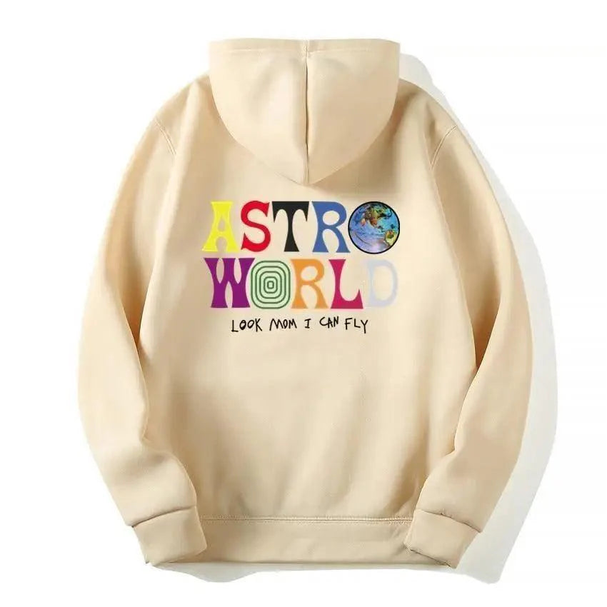Men's streetwear graphic print hoodie with kangaroo pocket, available in beige, yellow, purple, and blue.