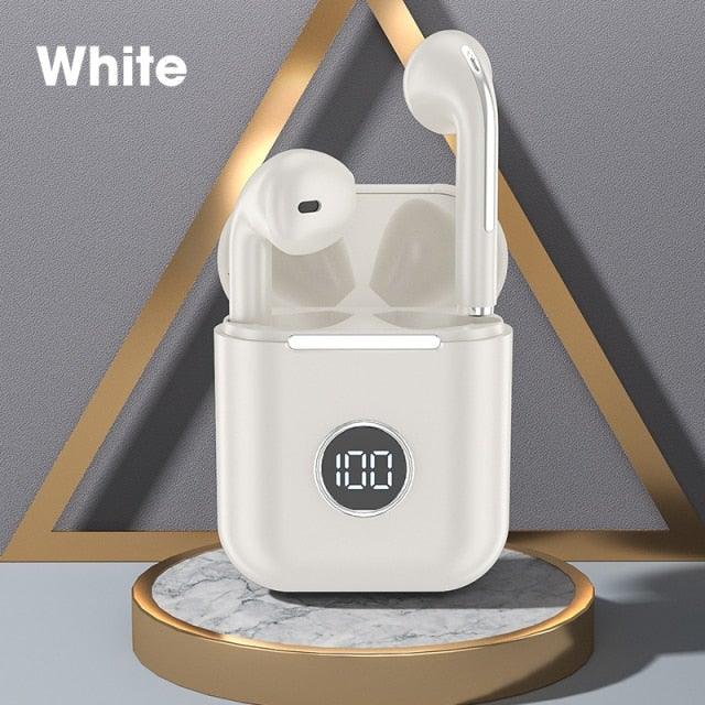 Modern white wireless Bluetooth 5.0 sports earphones with portable charging case.