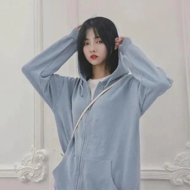 Oversized Zip Hoodie Women Casual Loose Cotton Kangaroo Pocket Top