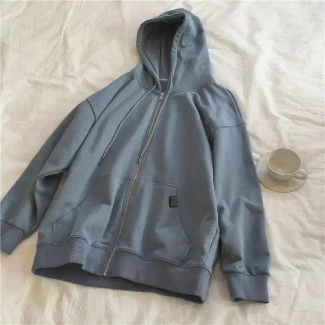 Oversized Zip Hoodie Women Casual Loose Cotton Kangaroo Pocket Top