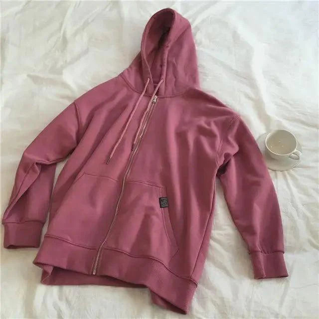 Oversized Zip Hoodie Women Casual Loose Cotton Kangaroo Pocket Top