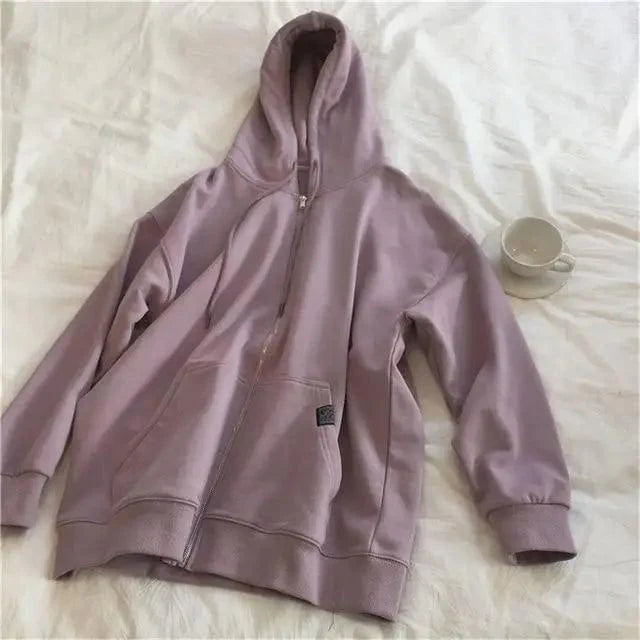 Oversized Zip Hoodie Women Casual Loose Cotton Kangaroo Pocket Top
