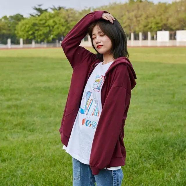 Oversized Zip Hoodie Women Casual Loose Cotton Kangaroo Pocket Top