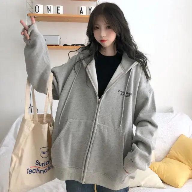Oversized Zip Hoodie Women Casual Loose Cotton Kangaroo Pocket Top
