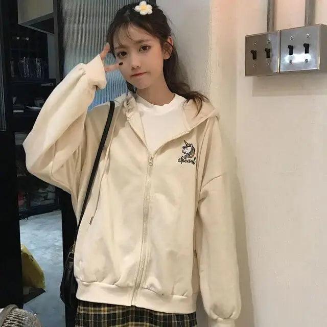 Oversized Zip Hoodie Women Casual Loose Cotton Kangaroo Pocket Top