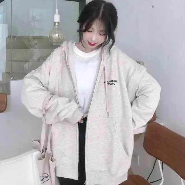Oversized Zip Hoodie Women Casual Loose Cotton Kangaroo Pocket Top