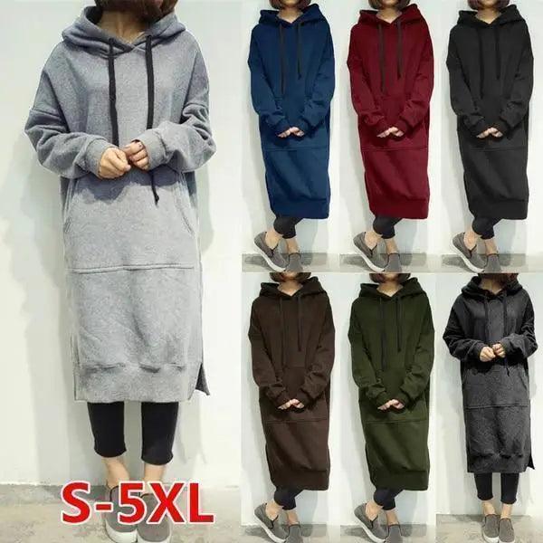 Women wearing an oversized olive-green or blue knit hoodie with a front pocket.