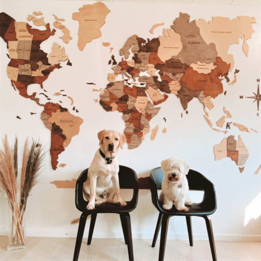 Large rustic wooden world map in natural brown tones for travel-inspired home decor.