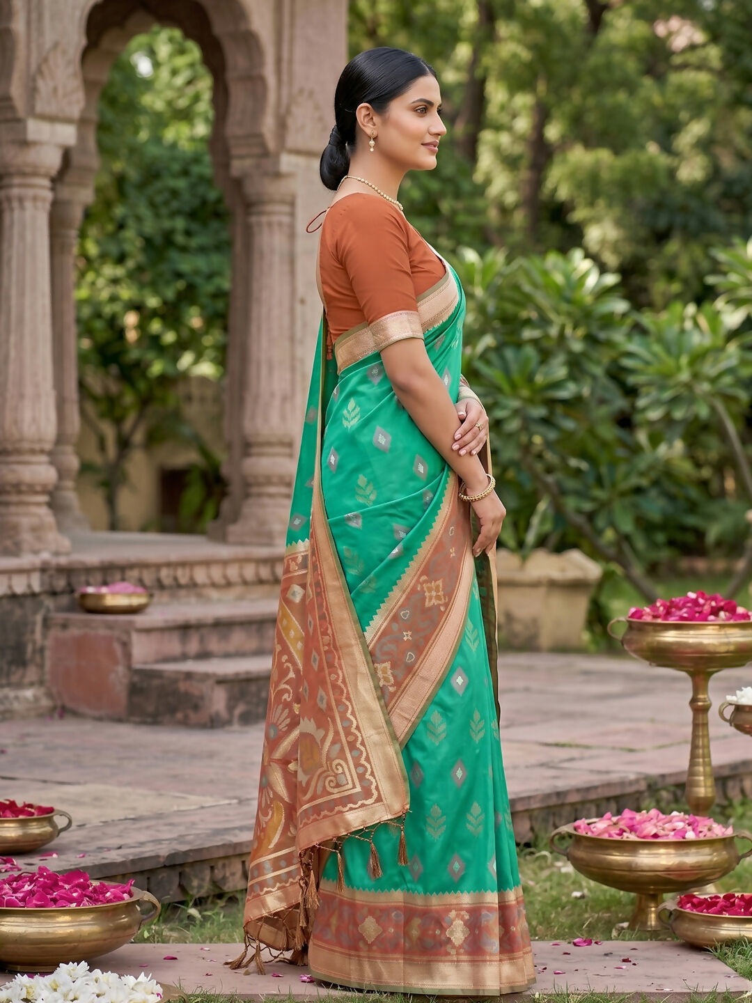 Rama Green Soft Silk Saree with Matching Blouse Piece