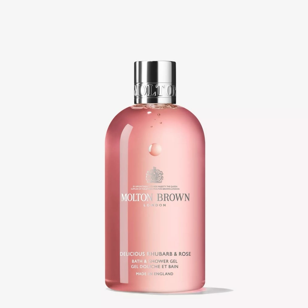 10fl oz bottle of Molton Brown Delicious Rhubarb & Rose Bath & Shower Gel