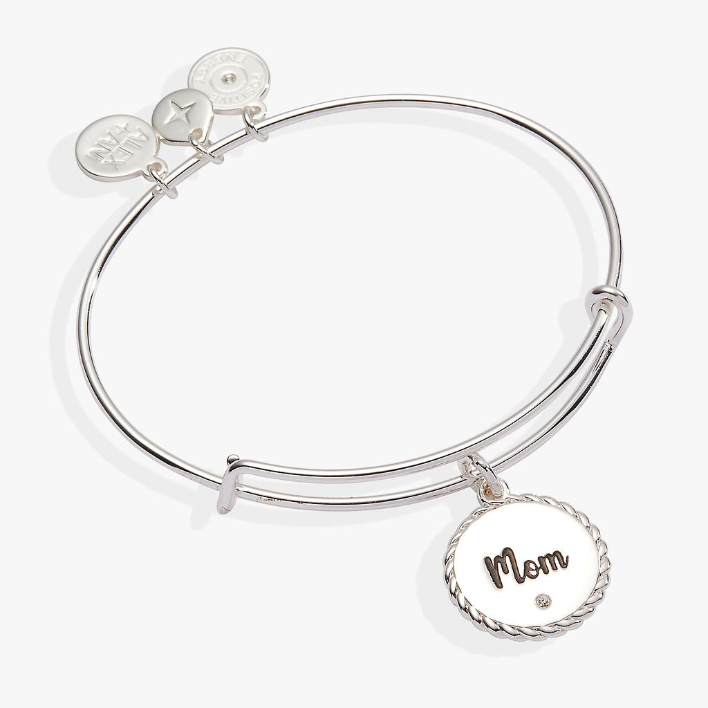 Mom Charm Bangle Bracelet with Crystal Detail Gold or Silver