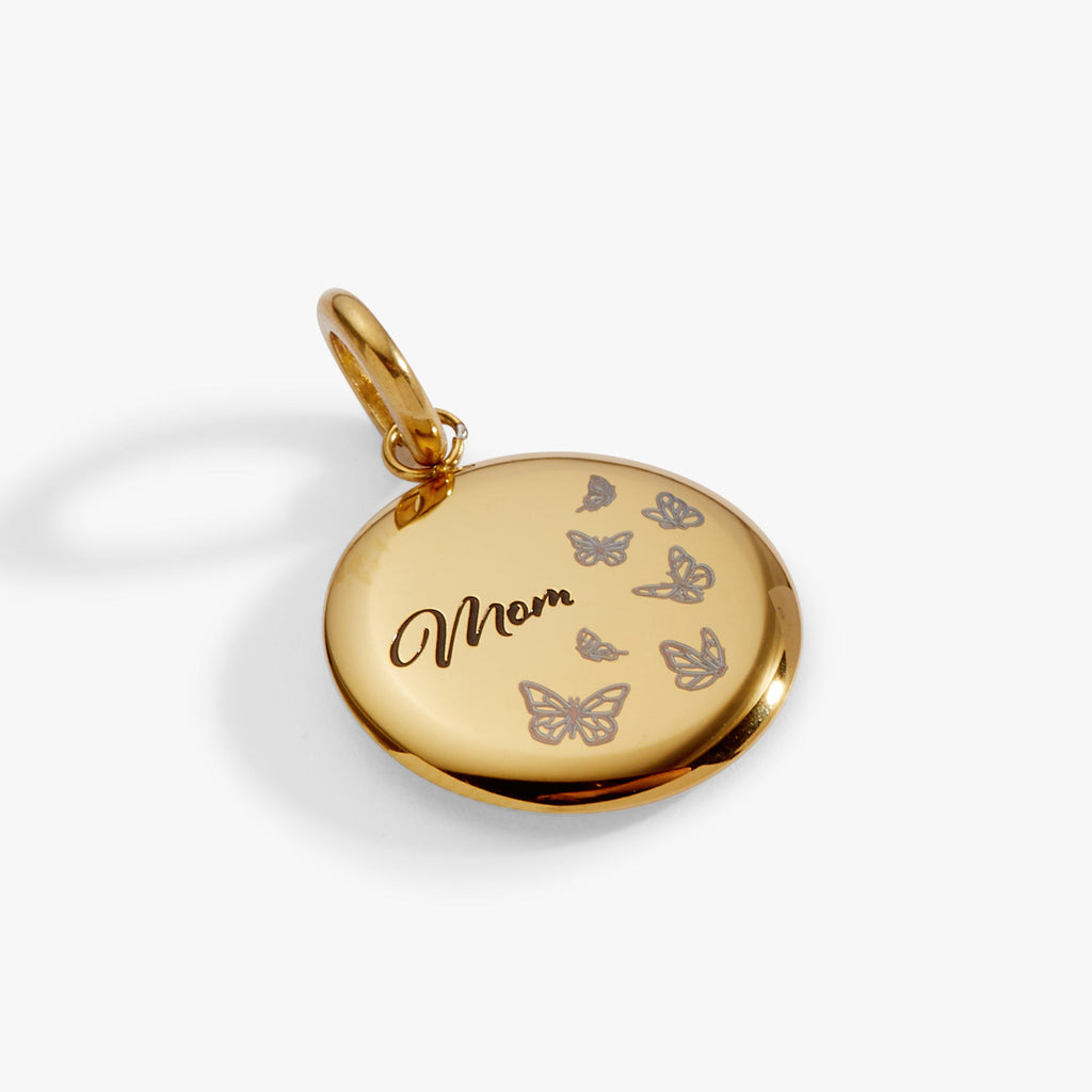 Mom Butterfly Disc Charm Necklace with Engraved Sentiment