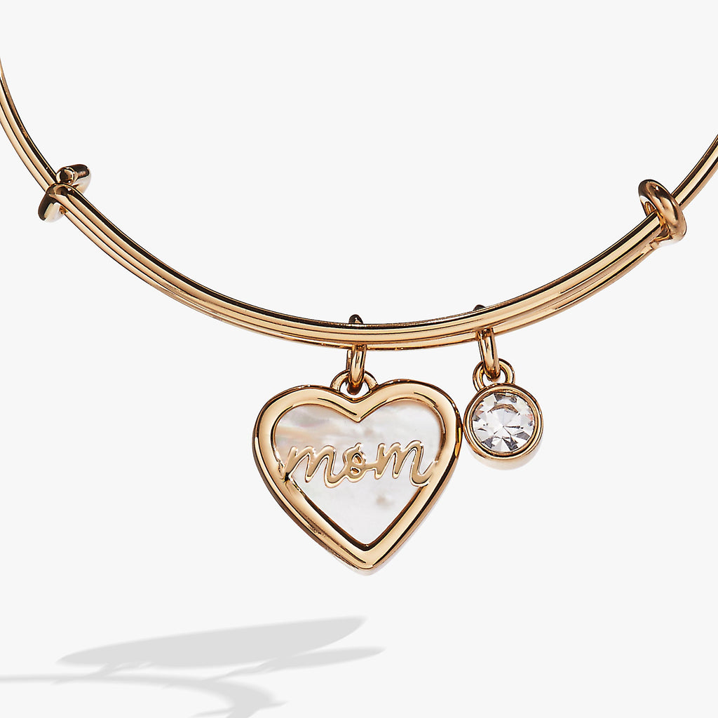Mom Mother of Pearl Heart Bangle in Gold and Silver Tones