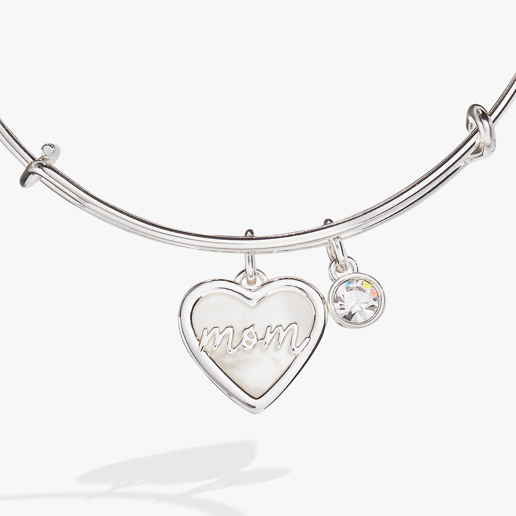 Mom Mother of Pearl Heart Bangle in Gold and Silver Tones