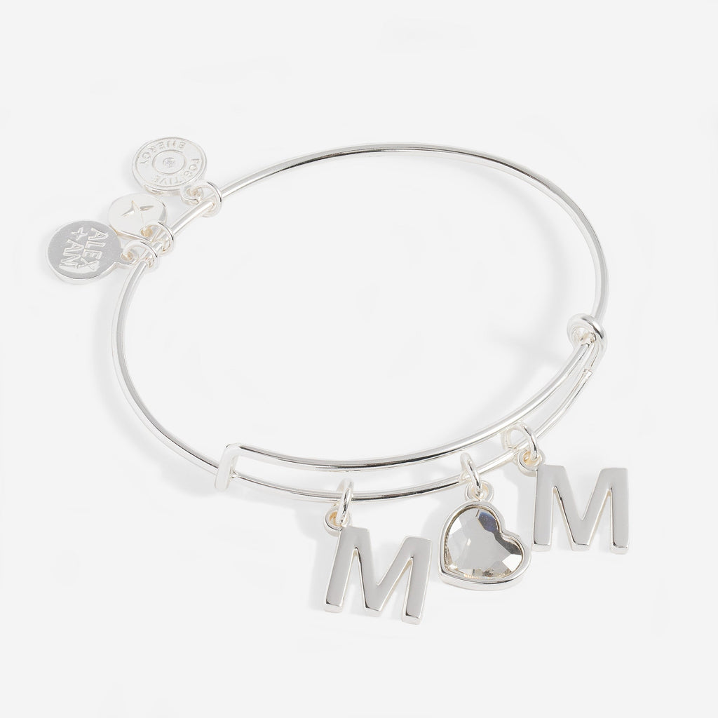 Silver expandable wire bangle with MOM charms and a crystal heart
