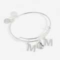 Silver expandable wire bangle with MOM charms and a crystal heart