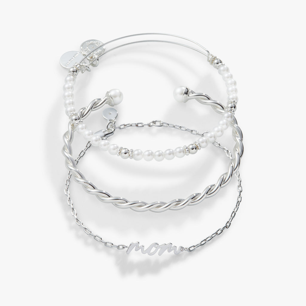 Three-piece Mom Script Bracelet set featuring pearl beads, a flex cuff, and script text