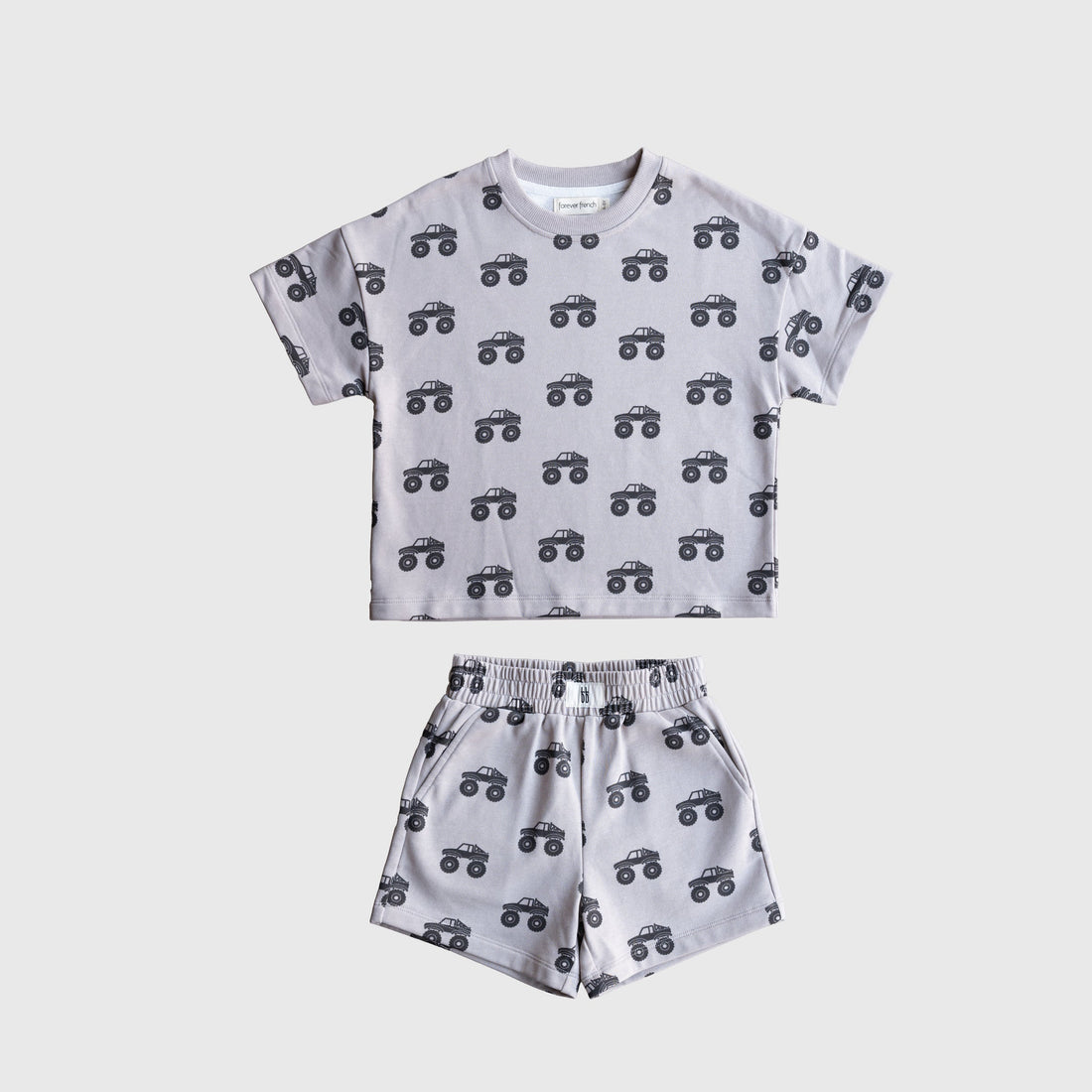 Two-piece French Terry short set with monster truck print and FF logo in grey