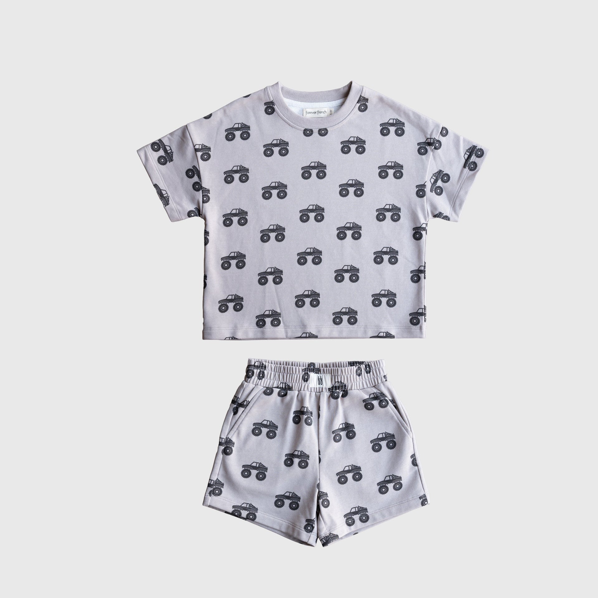 Two-piece French Terry short set with monster truck print and FF logo in grey