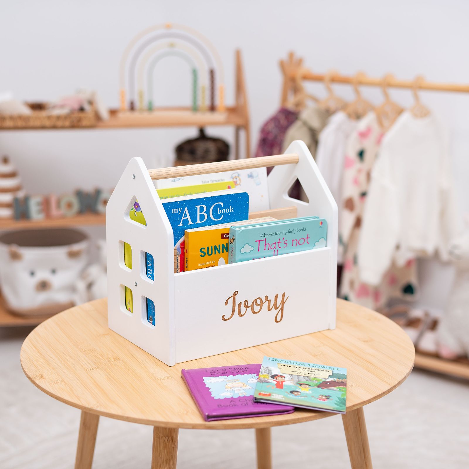 Modern Montessori Book Shelf – Pastel Wood Kids Storage Organizer
