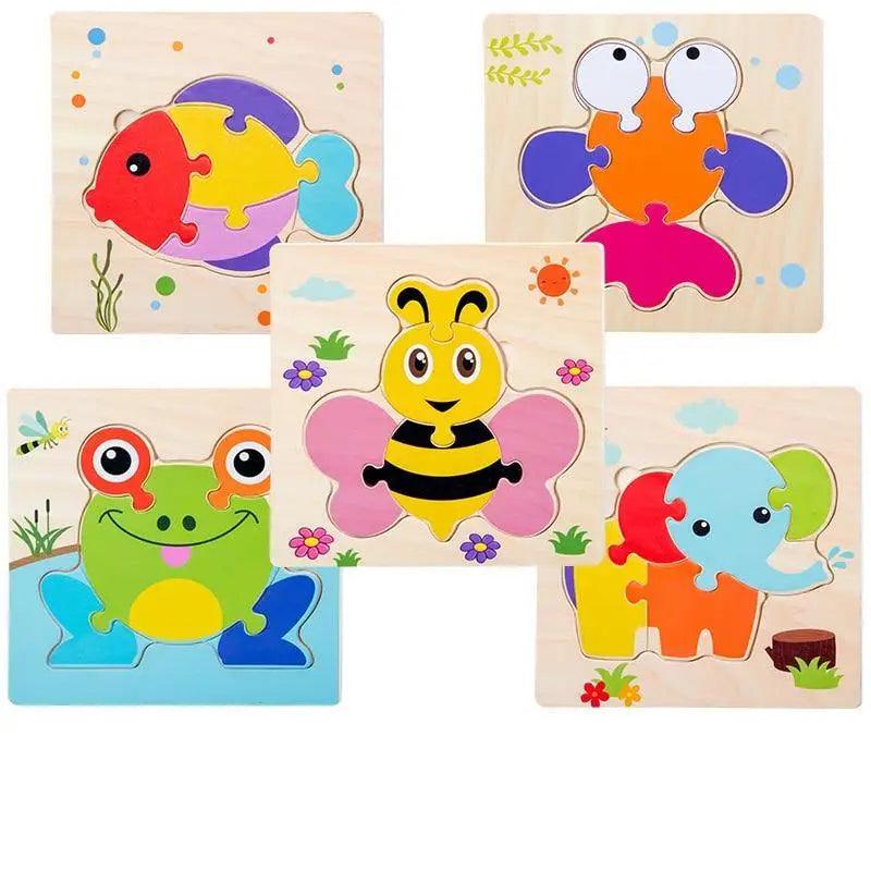 Montessori wooden puzzle set for toddlers featuring colorful animals and traffic designs