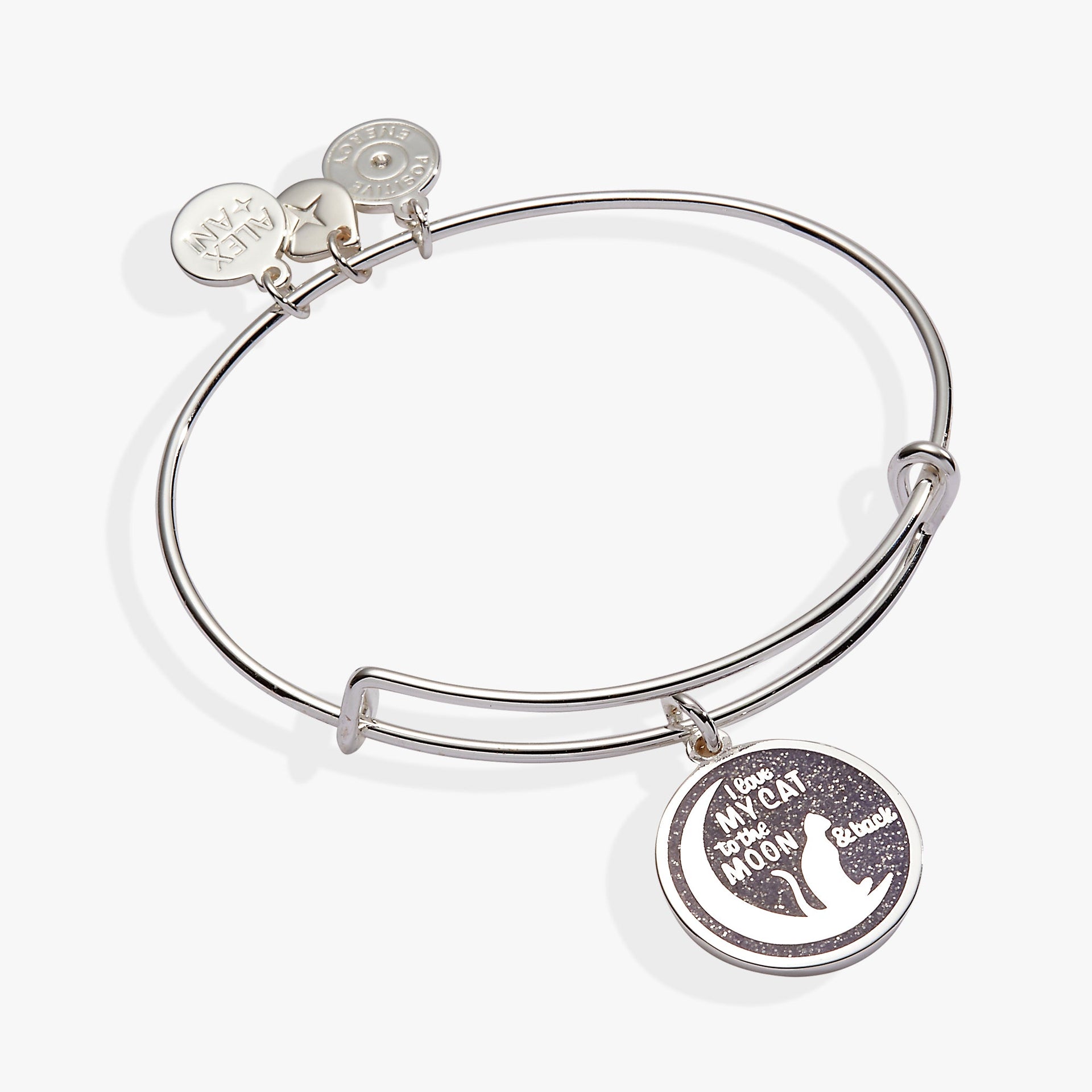 Alex and Ani expandable bangle featuring a glitter enamel cat and moon charm.